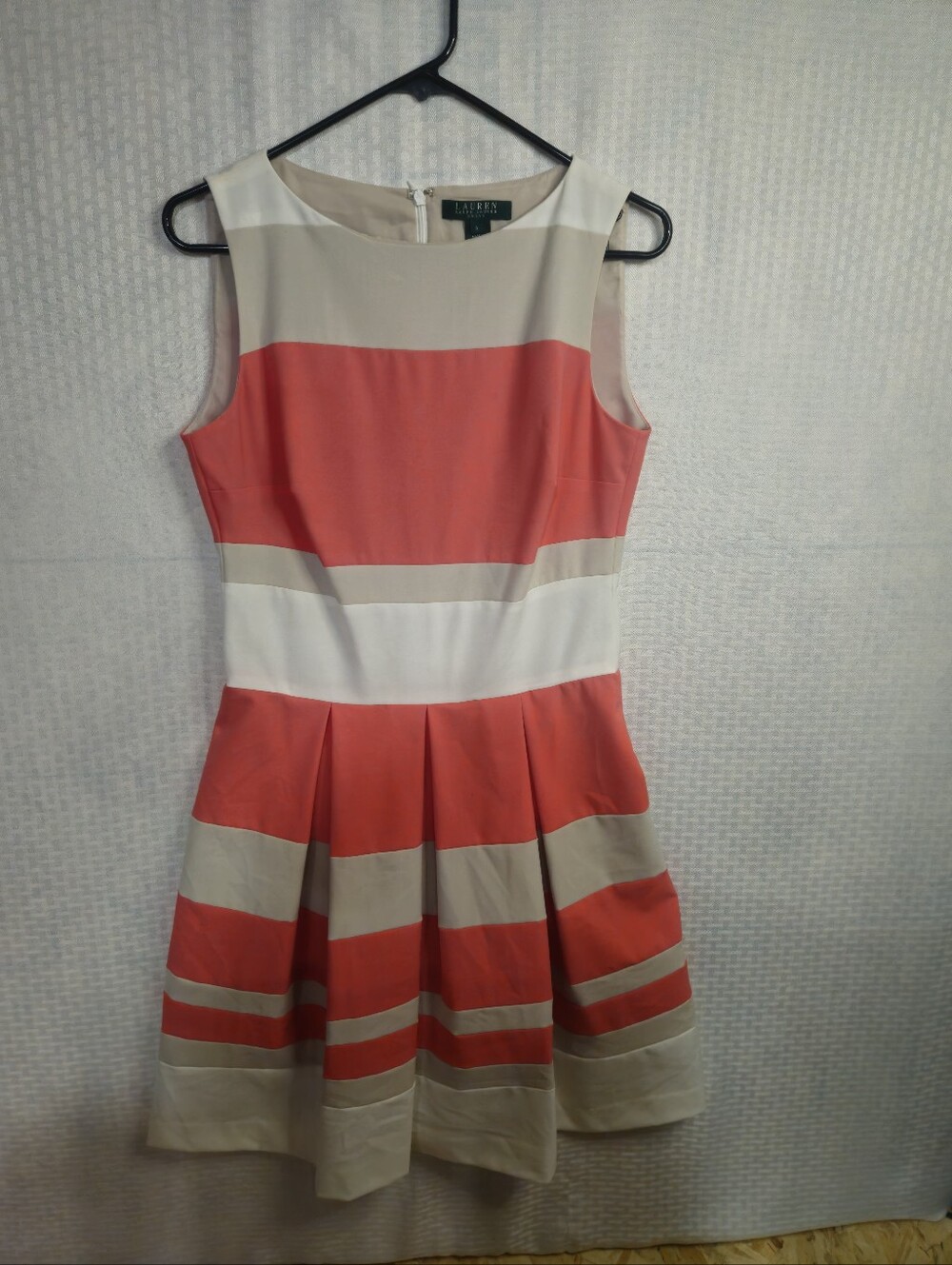 Lauren Ralph Lauren Vibrant Orange White & Tan Striped Pleated Dress Size6 - Picture 2 of 7